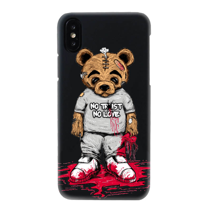 BLACK IPHONE COVER WITH PRINTED HEARTLESS BEAR GRAPHIC PRINTED AT FRONT.